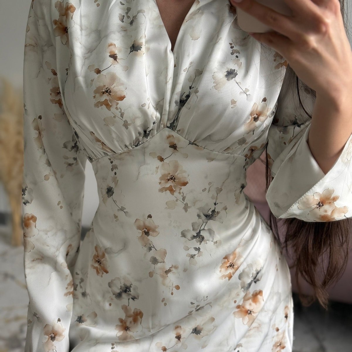 Satin Floral Print V - Neck Maxi Dress(MS378) - Mariam's Collection