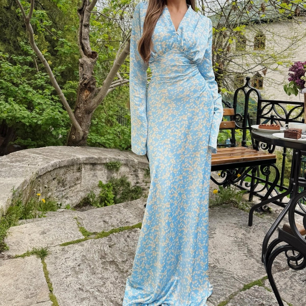 Satin Floral Print V - Neck Maxi Dress(MS378) - Mariam's Collection