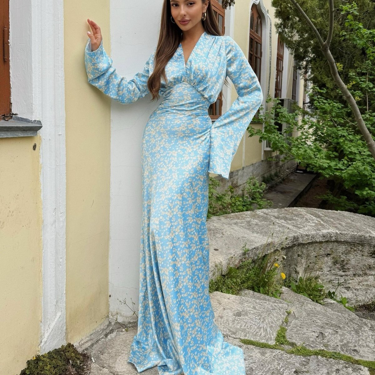 Satin Floral Print V - Neck Maxi Dress(MS378) - Mariam's Collection