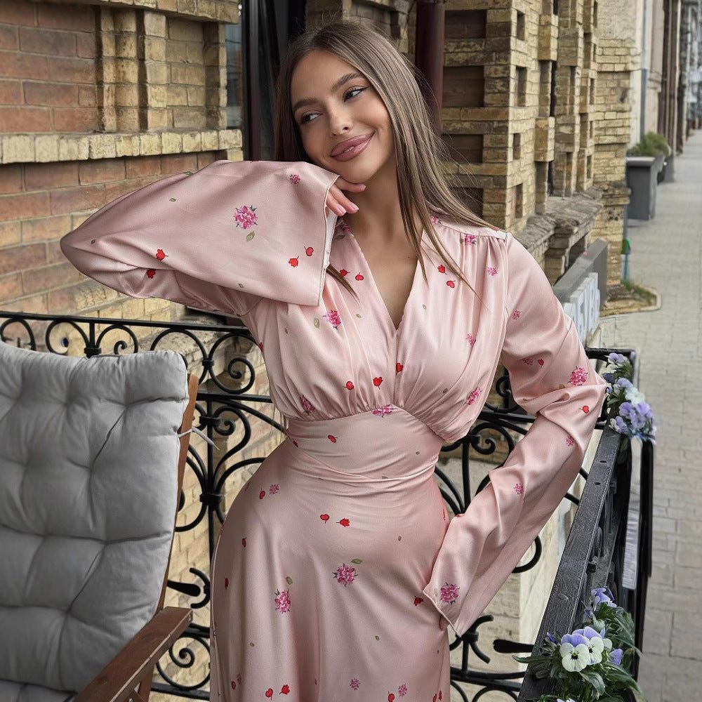 Satin Floral Print Wrap Dress Floral Maxi Dress Pink / M Satin Floral Print Wrap Dress Floral Maxi Dress Pink / M