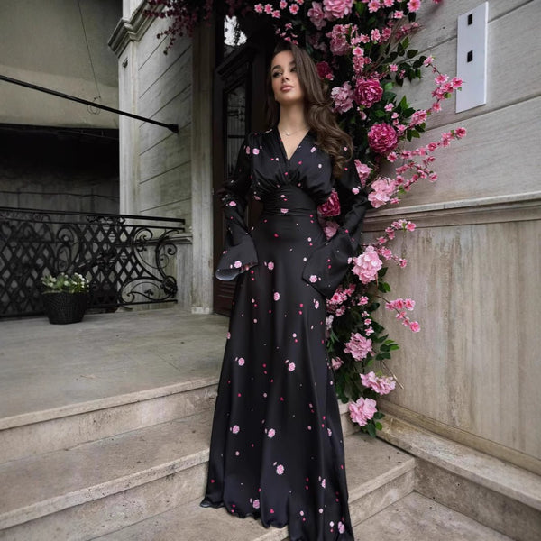 Satin Floral Print Wrap Dress(MS377), Black / L