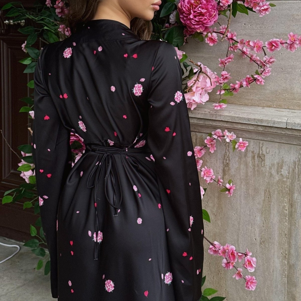 Satin Floral Print Wrap Dress(MS377) - Mariam's Collection