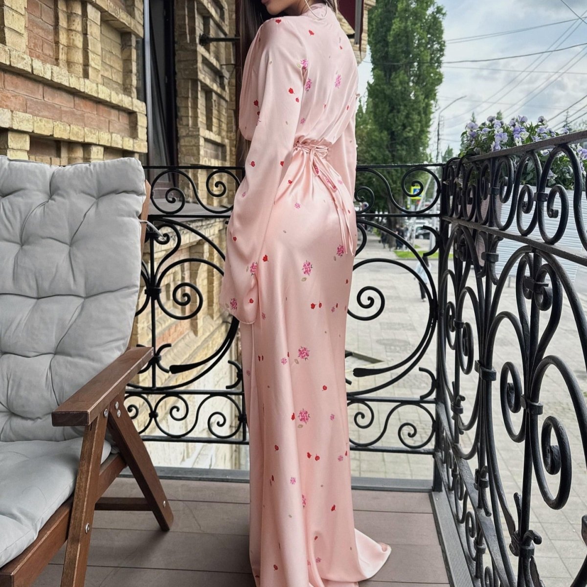 Satin Floral Print Wrap Dress Floral Maxi Dress Pink / M Satin Floral Print Wrap Dress Floral Maxi Dress Pink / M