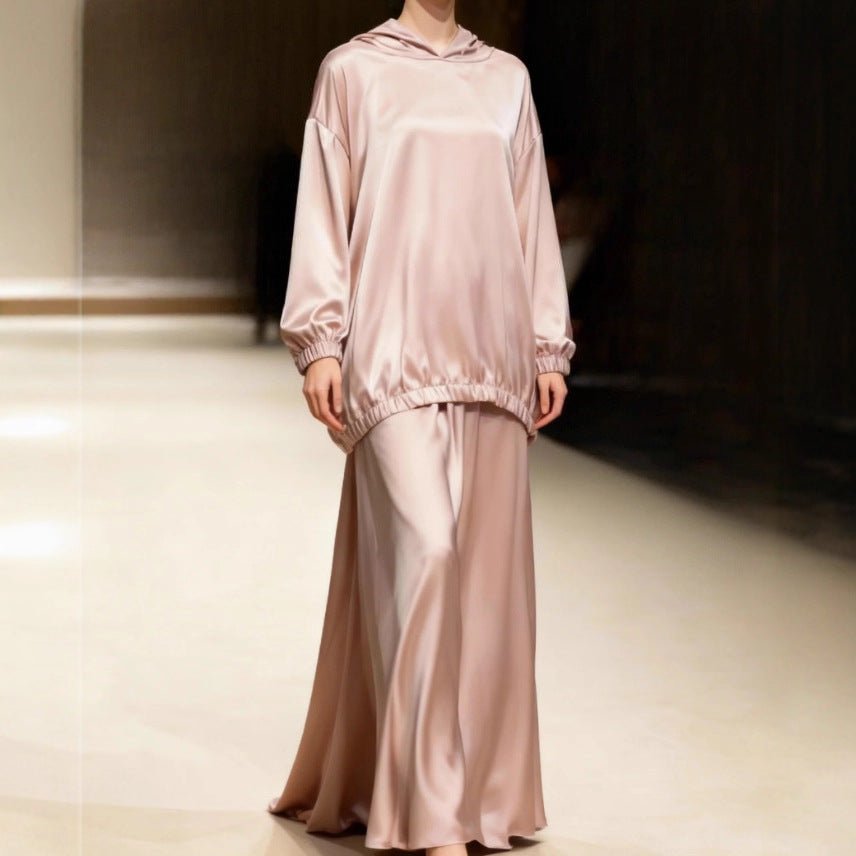 Satin Two - Piece Set with Hooded Top & Maxi Skirt(MS348) - Mariam's Collection