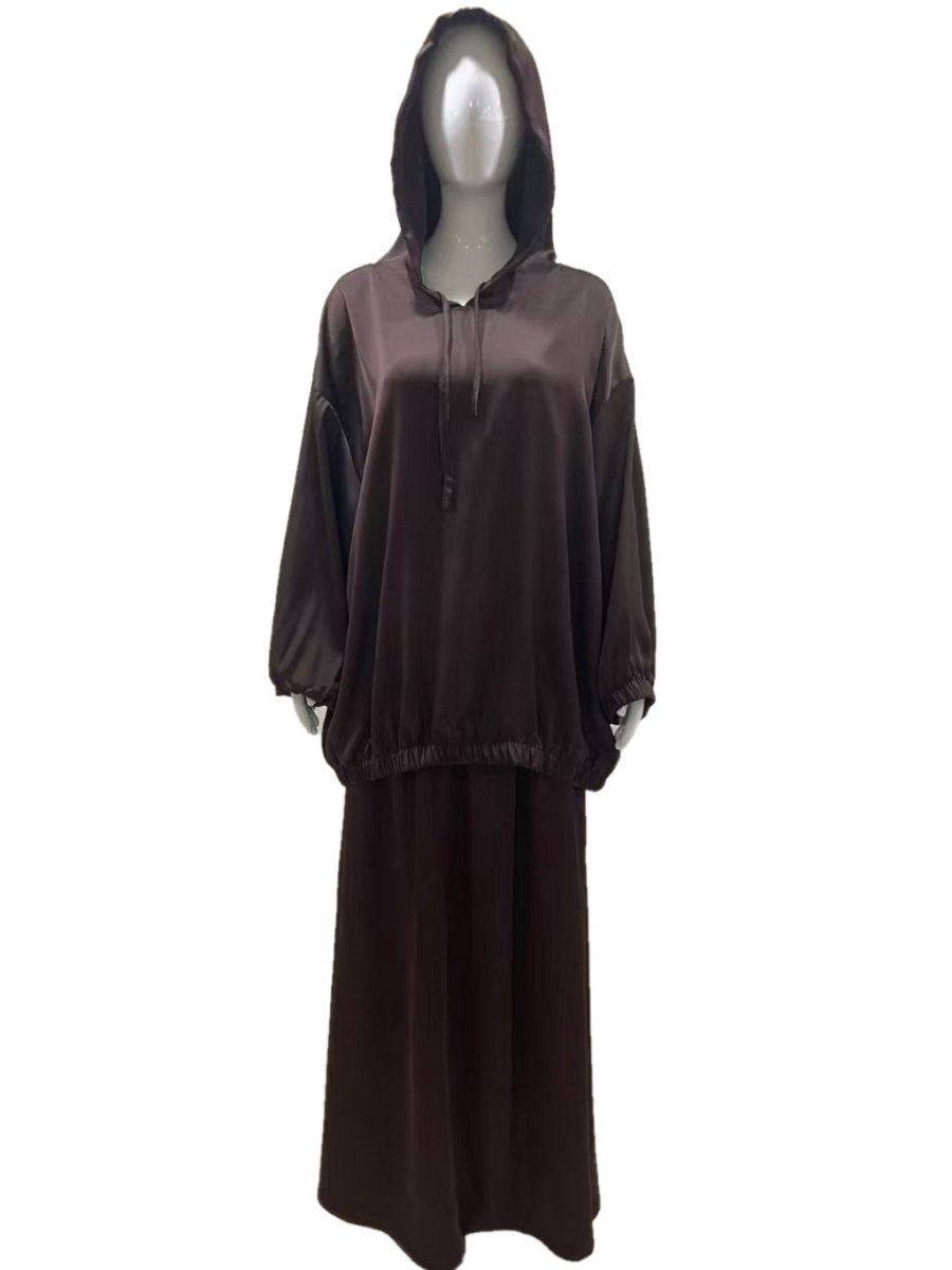 Satin Two - Piece Set with Hooded Top & Maxi Skirt(MS348) - Mariam's Collection