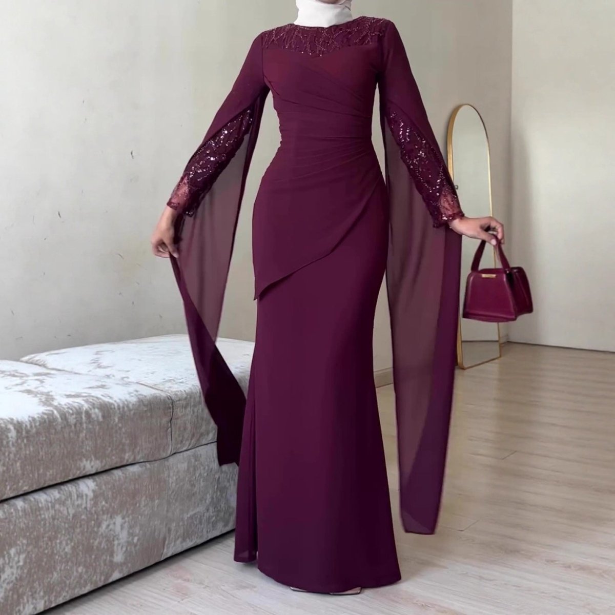 Sequin Embellished Formal Dress | Long Sleeve Ruched Bodycon Dress(MS272) - Mariam's Collection