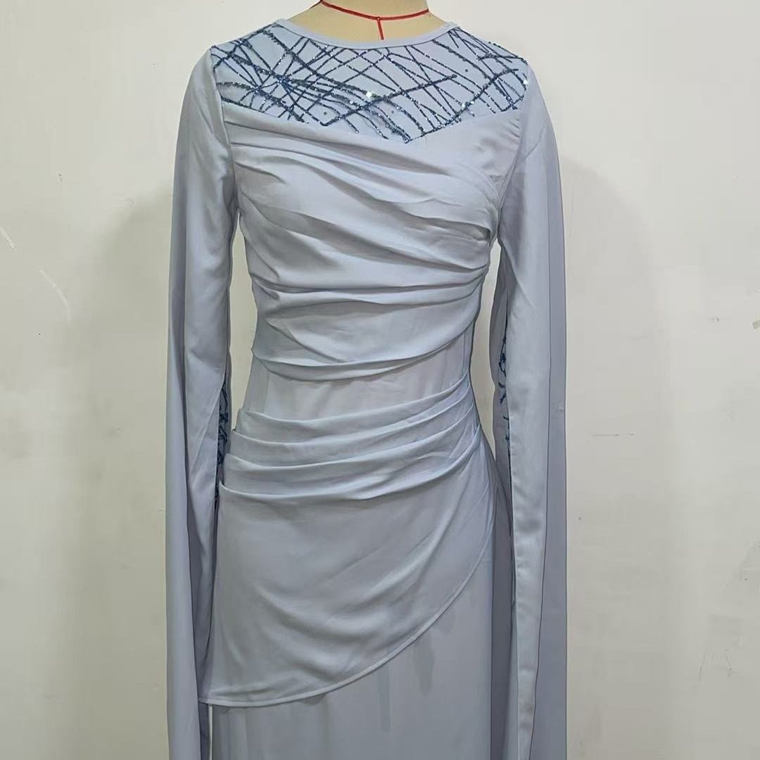 Sequin Embellished Formal Dress | Long Sleeve Ruched Bodycon Dress(MS272) - Mariam's Collection
