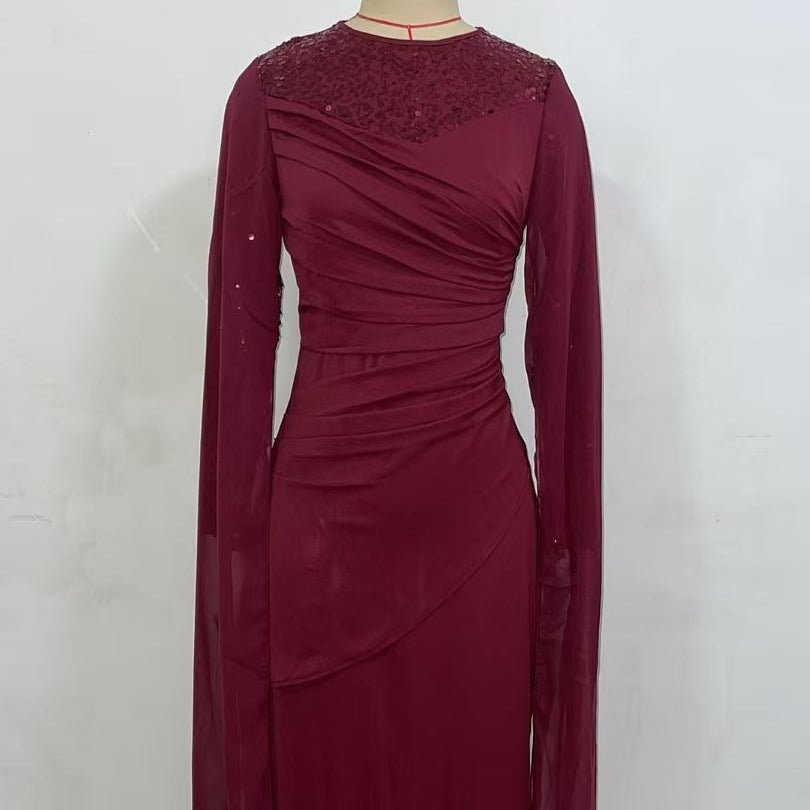 Sequin Embellished Formal Dress | Long Sleeve Ruched Bodycon Dress(MS272) Black / XS