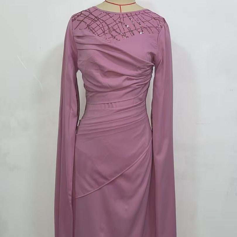 Sequin Embellished Formal Dress | Long Sleeve Ruched Bodycon Dress(MS272) - Mariam's Collection
