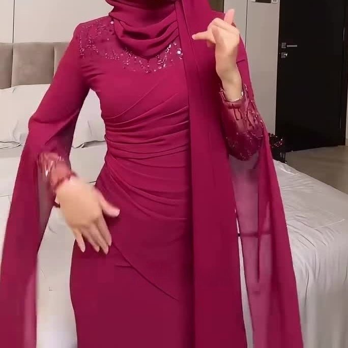 Sequin Embellished Formal Dress | Long Sleeve Ruched Bodycon Dress(MS272) - Mariam's Collection