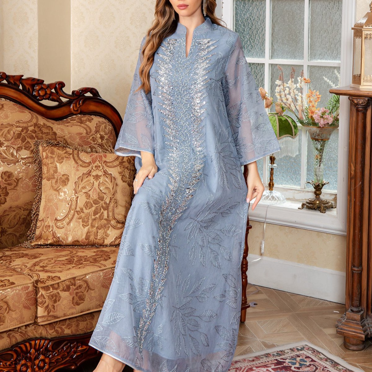 Sequin Embroidered Mesh Abaya(MA413) - Mariam's Collection