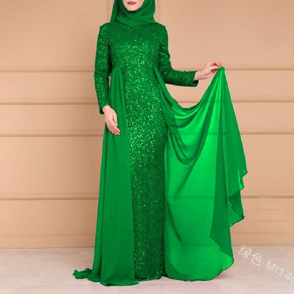 Sequin Gown Long Sleeve Fitted Maxi Dress(MS235), green / L
