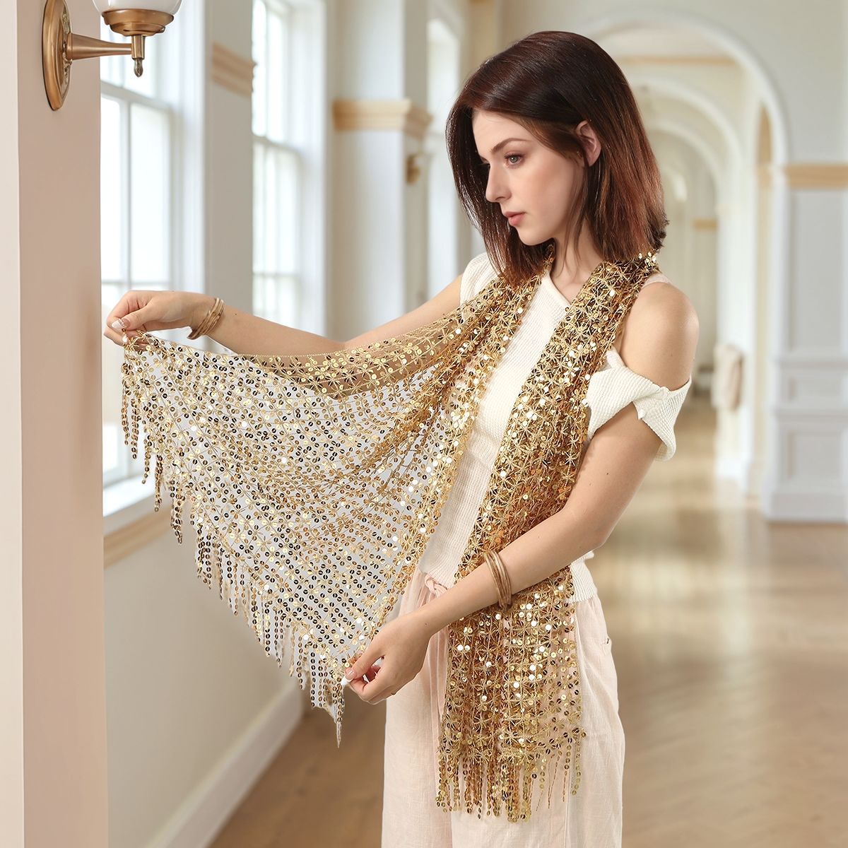 knee length dresses for ladies Sequin Mesh Shawl Hijab with Fringe(MH206)