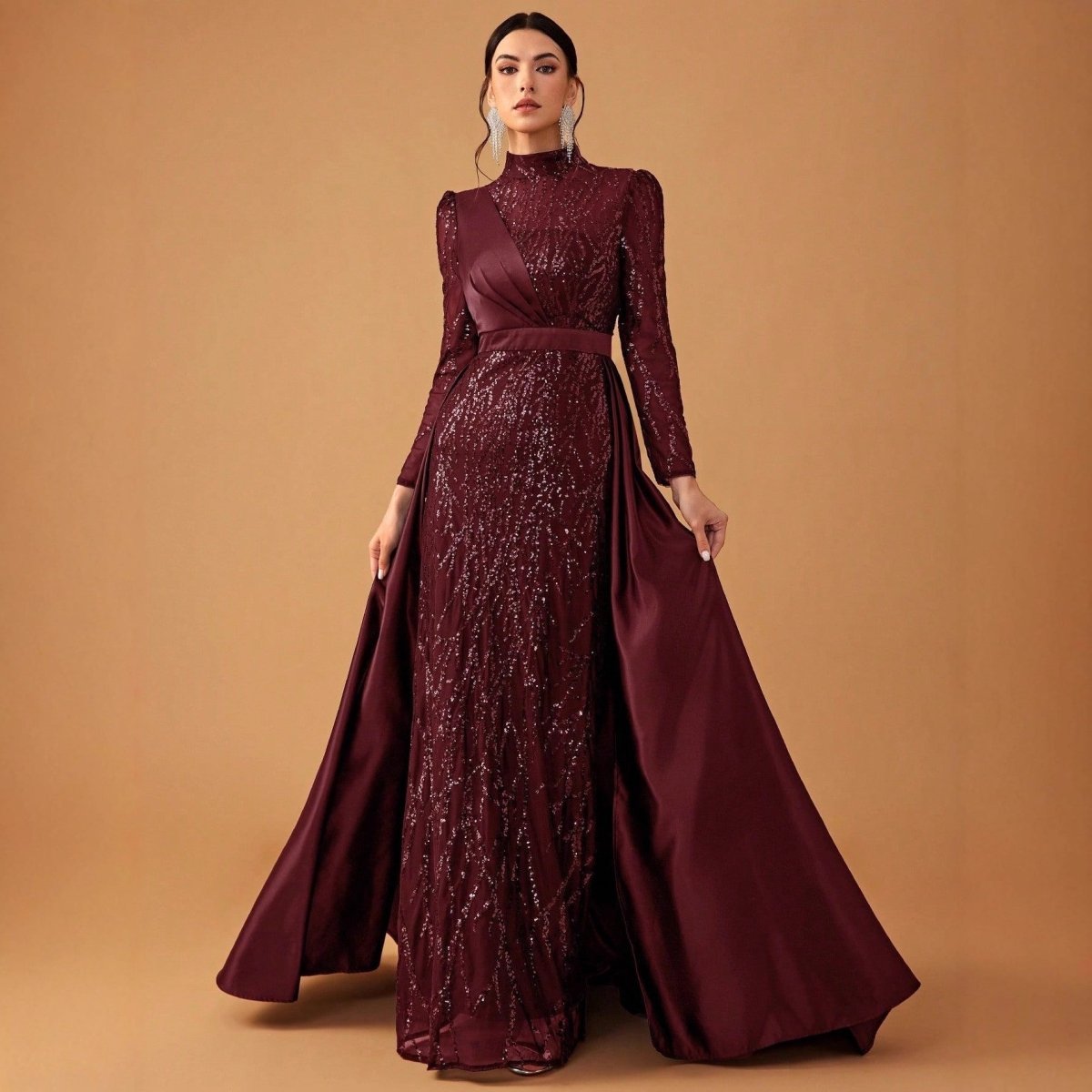Sequin & Satin Cape Gown | High Neck Evening Dress(MA347) - Mariam's Collection