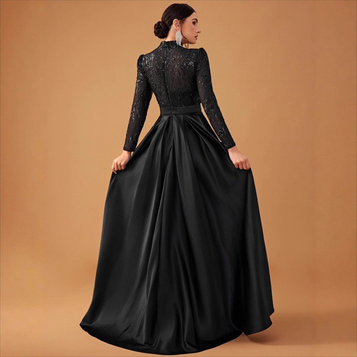 Sequin & Satin Cape Gown | High Neck Evening Dress(MA347) - Mariam's Collection