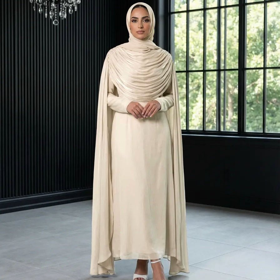 Shimmer Island Silk Cape Sleeve Abaya Dress with Matching Hijab(MA429) - Mariam's Collection