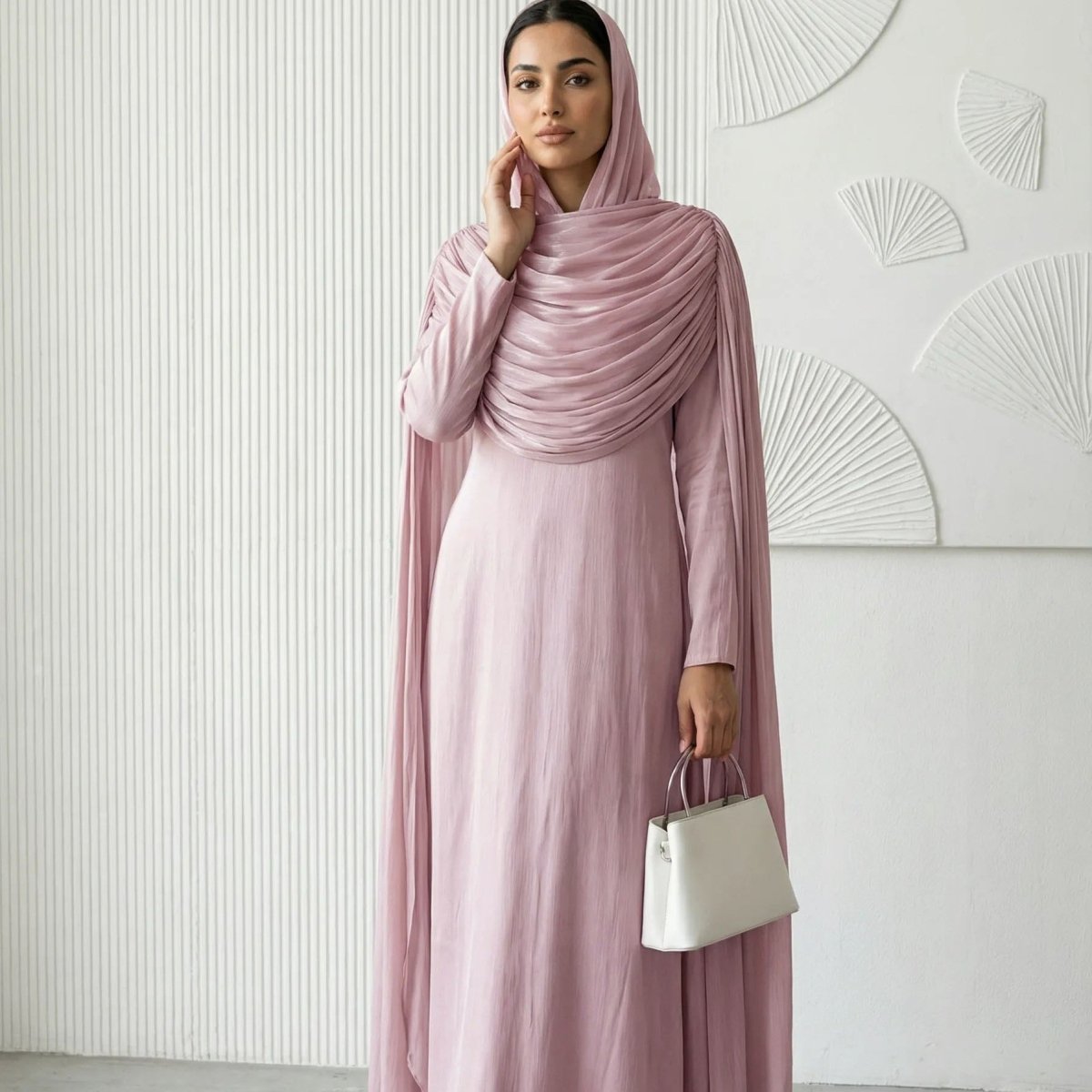 Shimmer Island Silk Cape Sleeve Abaya Dress with Matching Hijab(MA429) - Mariam's Collection