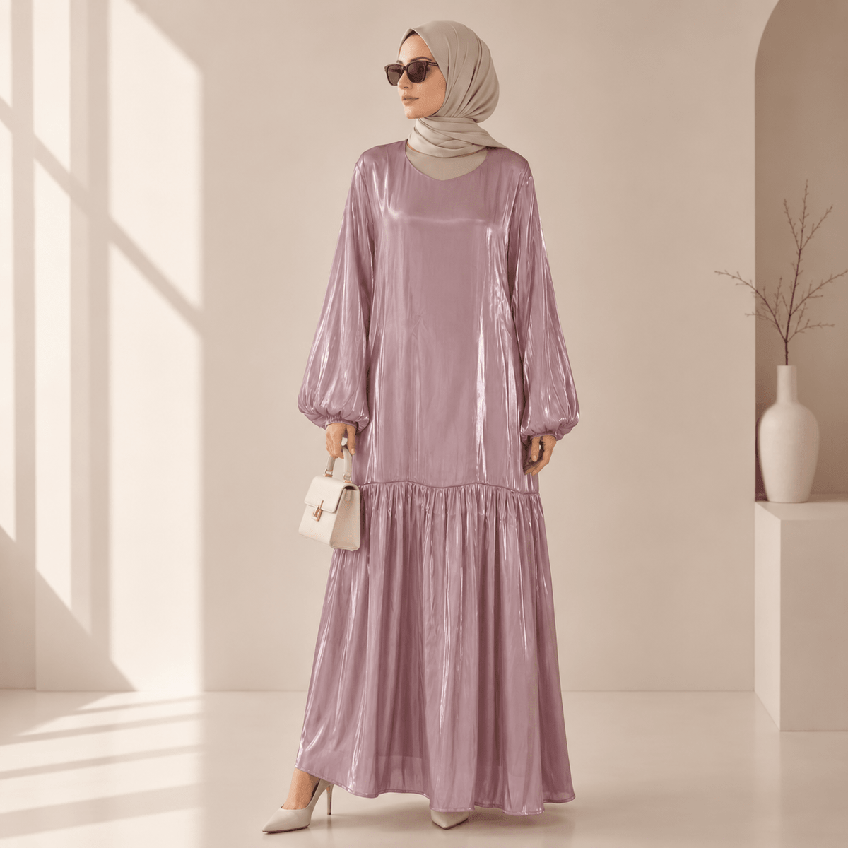 Shimmer Pull-On Abaya with Detachable Belt - MP078 - Mariam's Collection