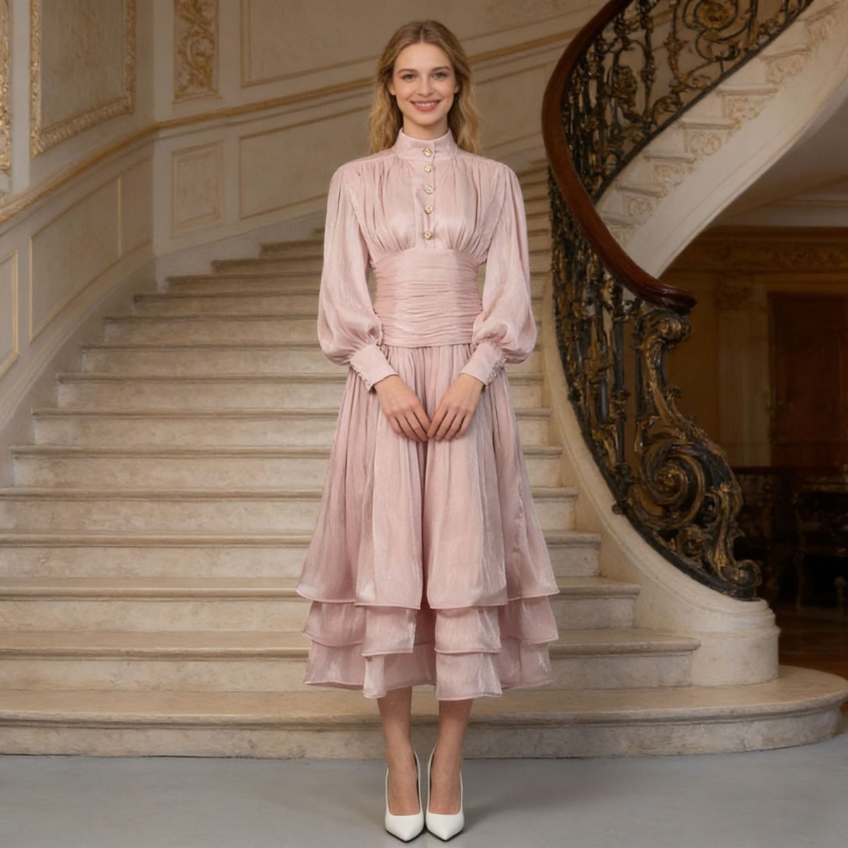 Shimmer Tiered Ruffle Dress with Pearl Buttons(MS322) - Mariam's Collection