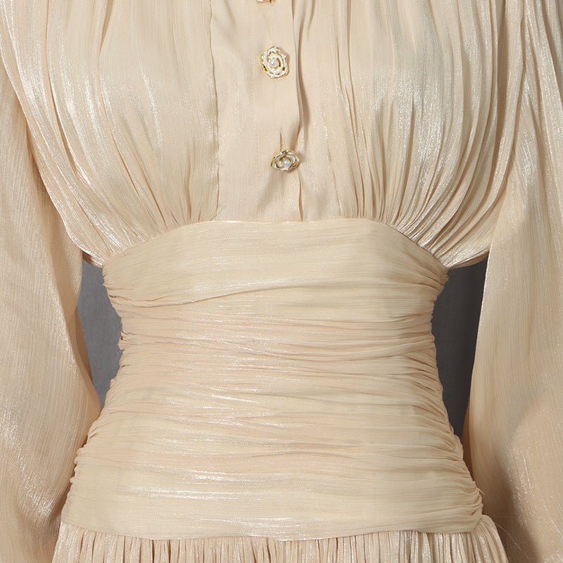 Shimmer Tiered Ruffle Dress with Pearl Buttons(MS322) - Mariam's Collection