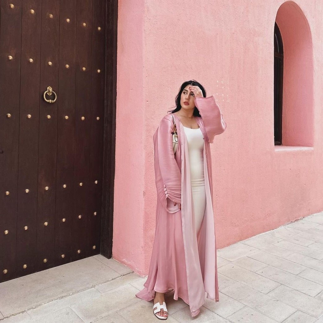 Shiny Satin Open Abaya | Shiny Abaya With Flying Sleeves (MOA141) - Mariam's Collection