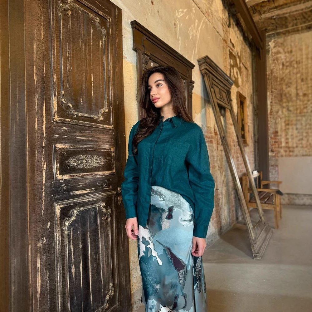Shirt & Abstract Print Skirt Set | Collared Blouse Two - Piece Outfit(MS260) - Mariam's Collection