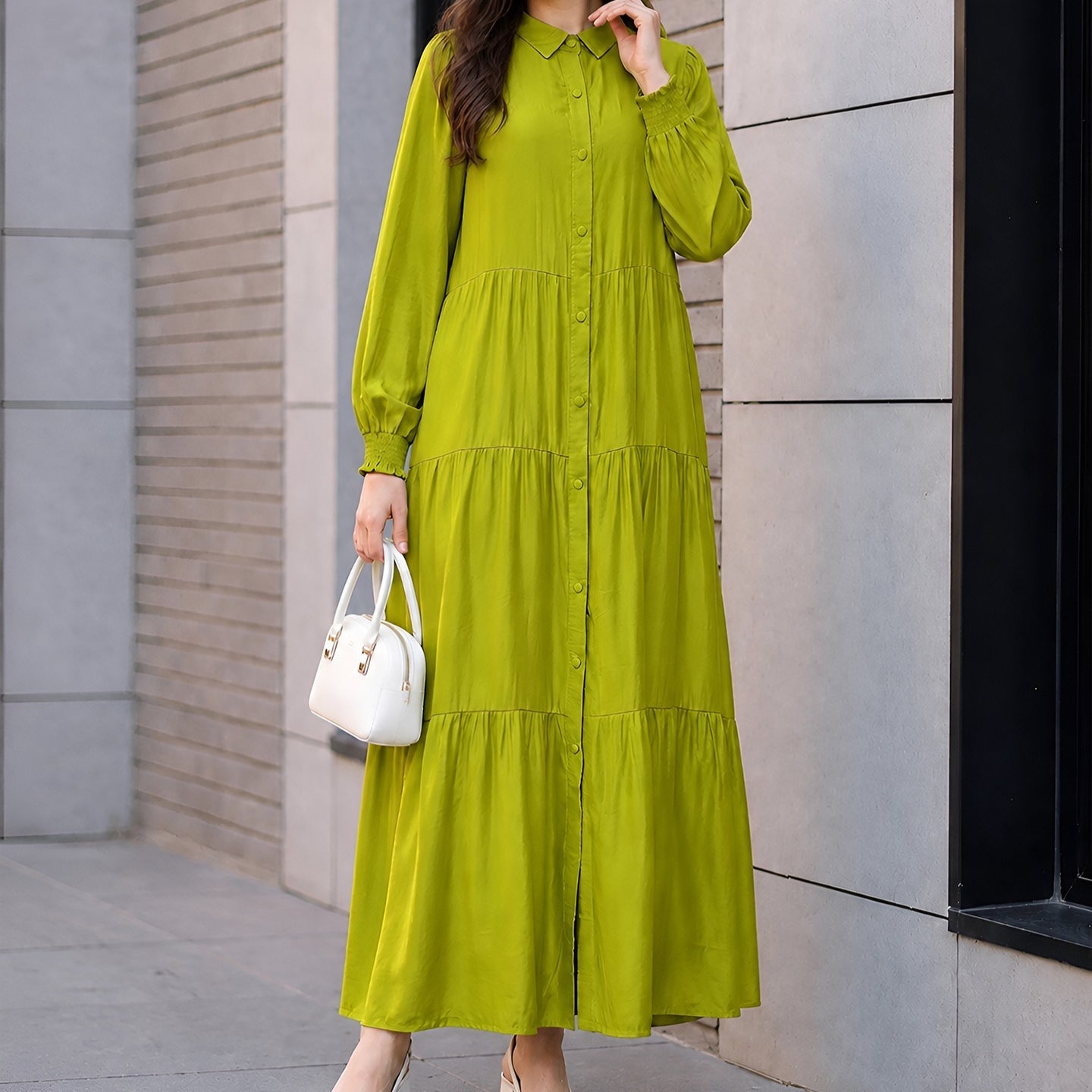 Shirt Collar Button-Down Tiered Maxi Dress(MA465) - Mariam's Collection