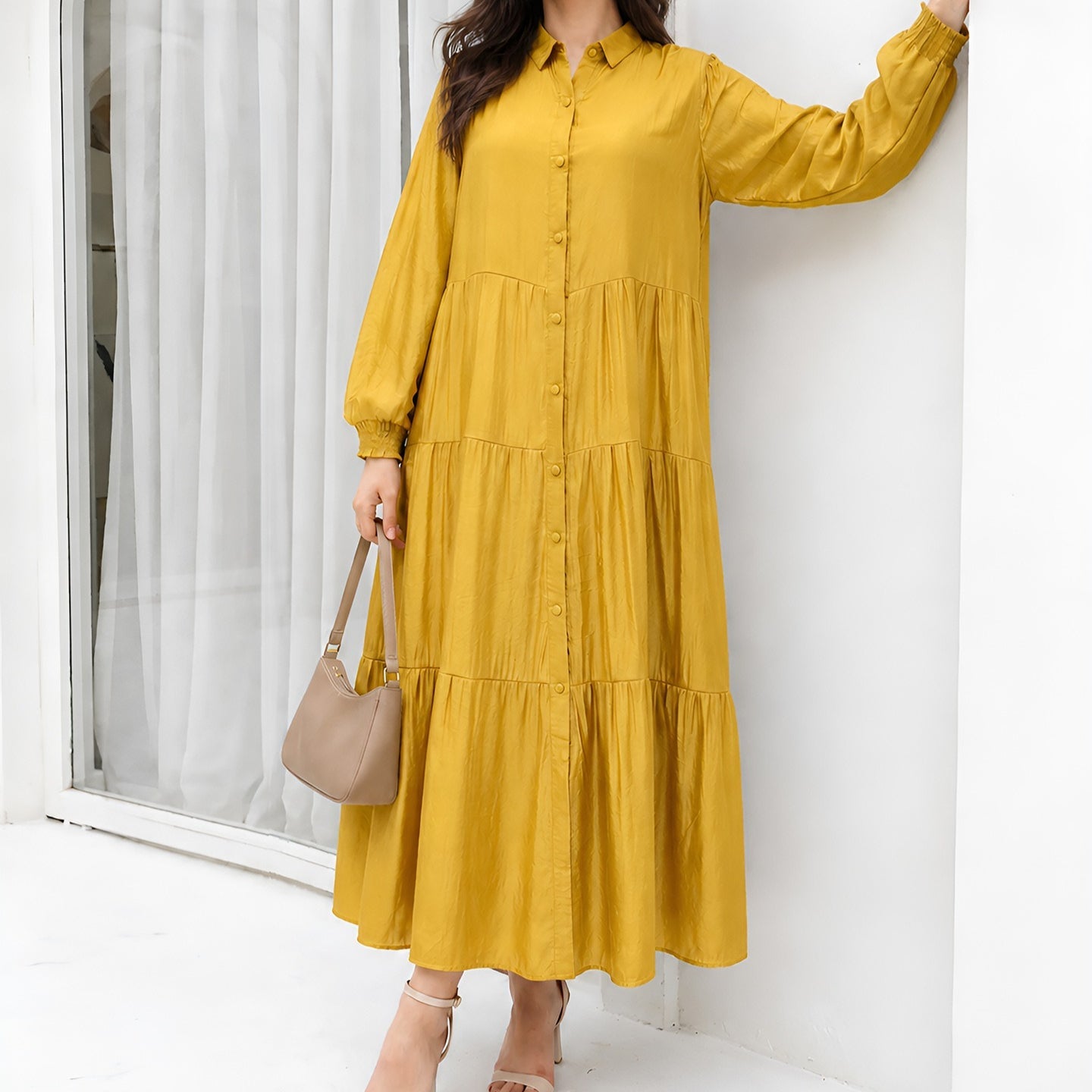 Shirt Collar Button-Down Tiered Maxi Dress(MA465) - Mariam's Collection