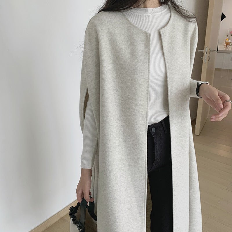 Sleeveless Cape Vest | Minimalist Long Wool - Blend Gilet Coat(MS204) - Mariam's Collection