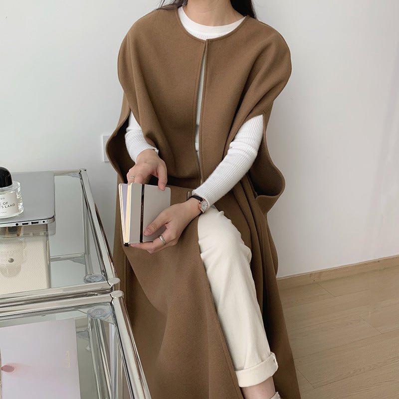 Sleeveless Cape Vest | Minimalist Long Wool-Blend Gilet Coat