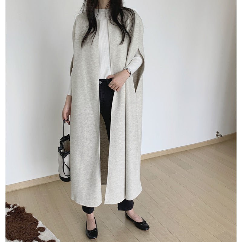 Sleeveless Cape Vest | Minimalist Long Wool - Blend Gilet Coat(MS204) - Mariam's Collection