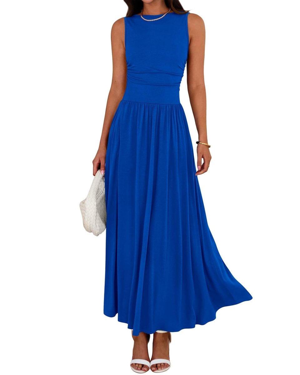 gathered waist maxi dress Sleeveless Gathered Waist Maxi Dress with Pockets(MA395)