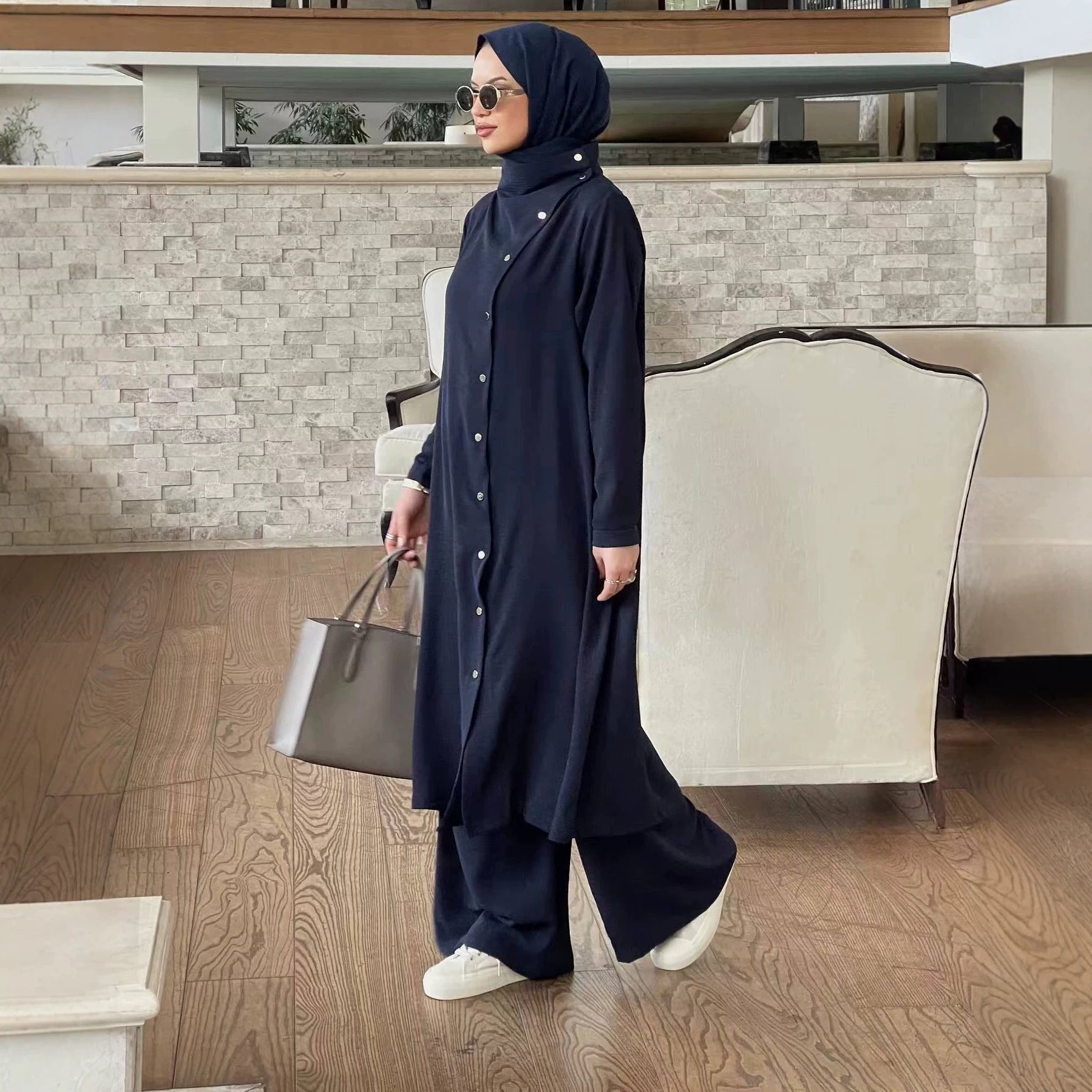 Snap Button Long Tunic & Wide-Leg Trousers Two-Piece Co-ord Set(MS508) - Mariam's Collection