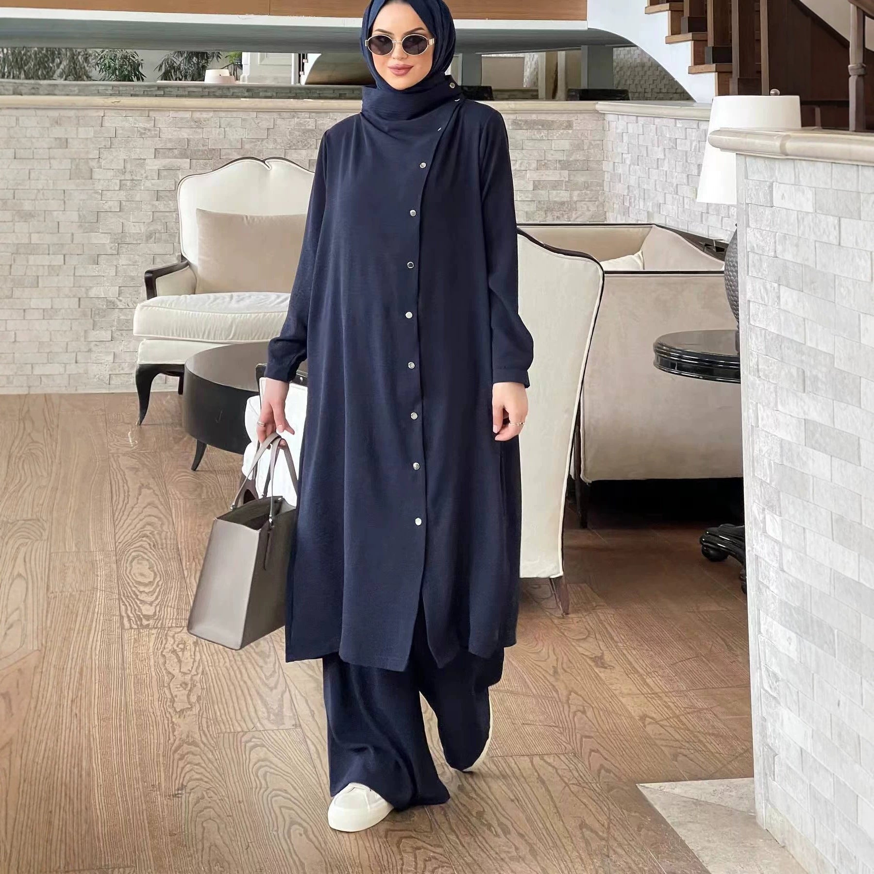 Snap Button Long Tunic & Wide-Leg Trousers Two-Piece Co-ord Set(MS508) - Mariam's Collection