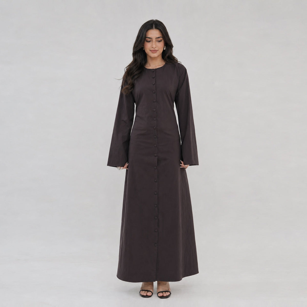 Solid Button-Front Maxi Dress | Adjustable Tie-Back Cardigan Dress(MS571) - Mariam's Collection
