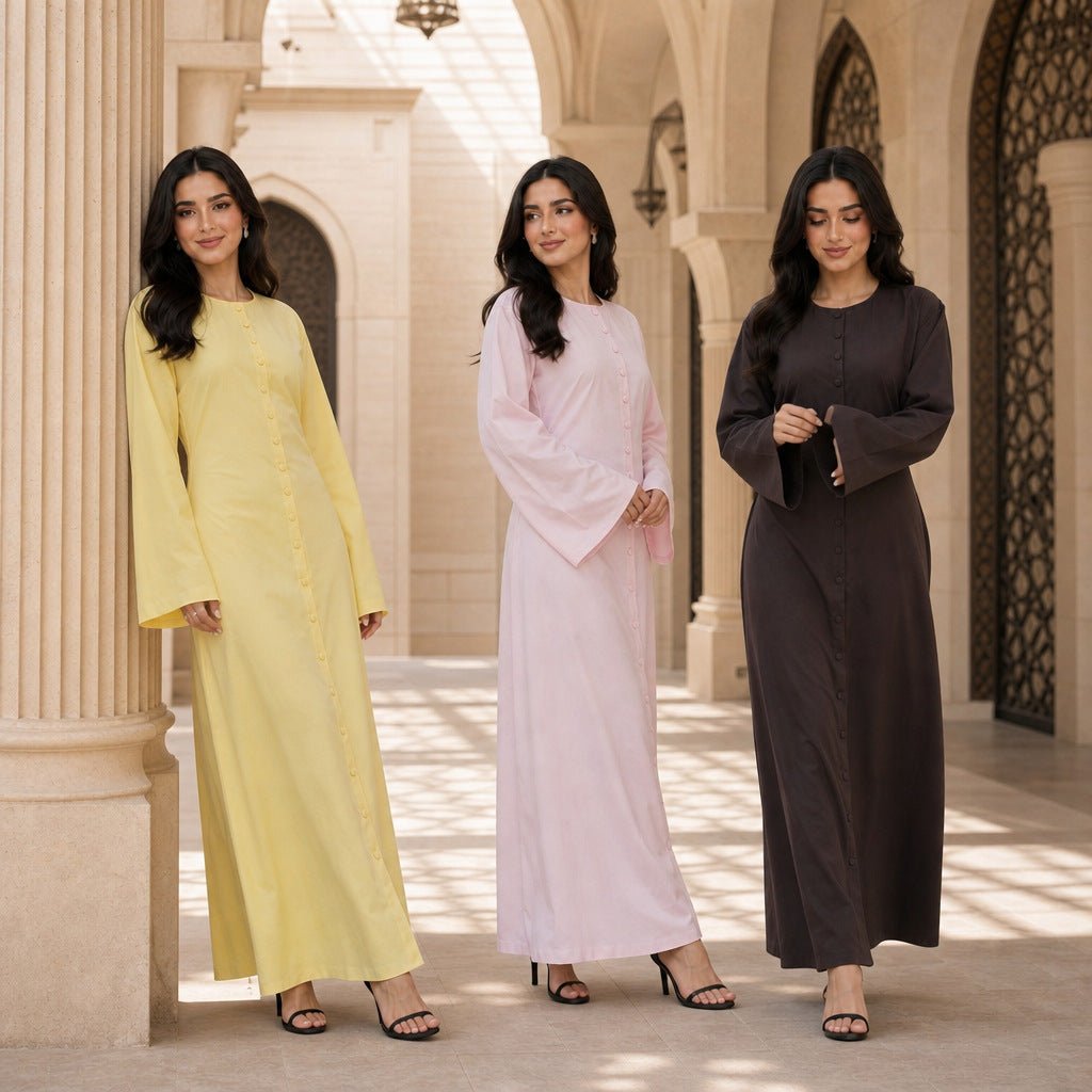 Solid Button-Front Maxi Dress | Adjustable Tie-Back Cardigan Dress(MS571) - Mariam's Collection