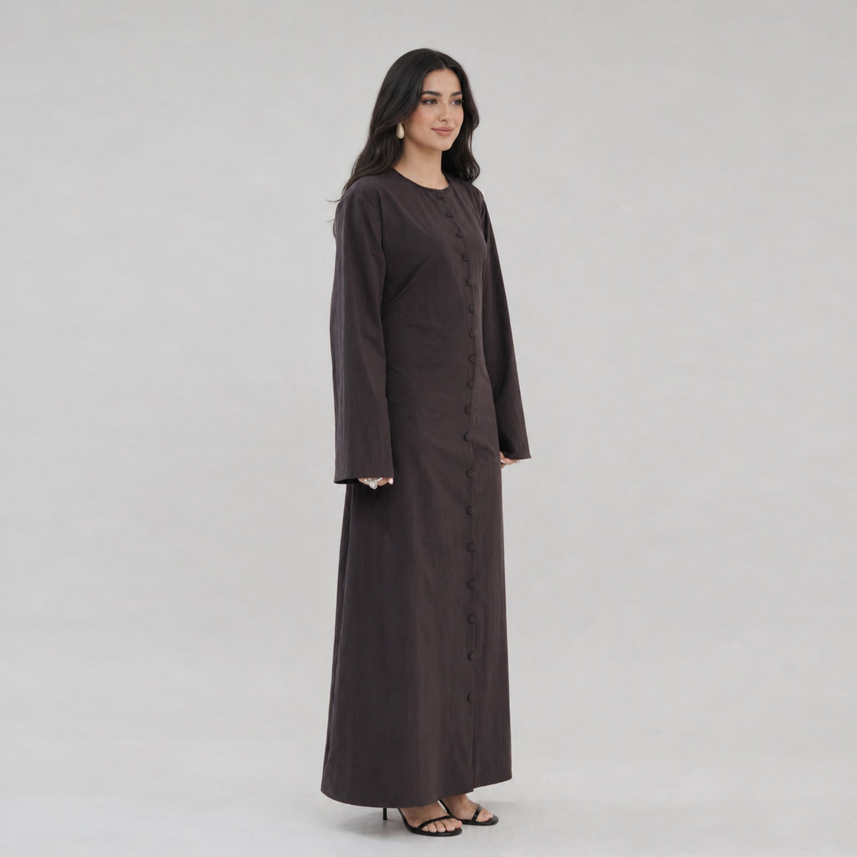 Solid Button-Front Maxi Dress | Adjustable Tie-Back Cardigan Dress(MS571) - Mariam's Collection