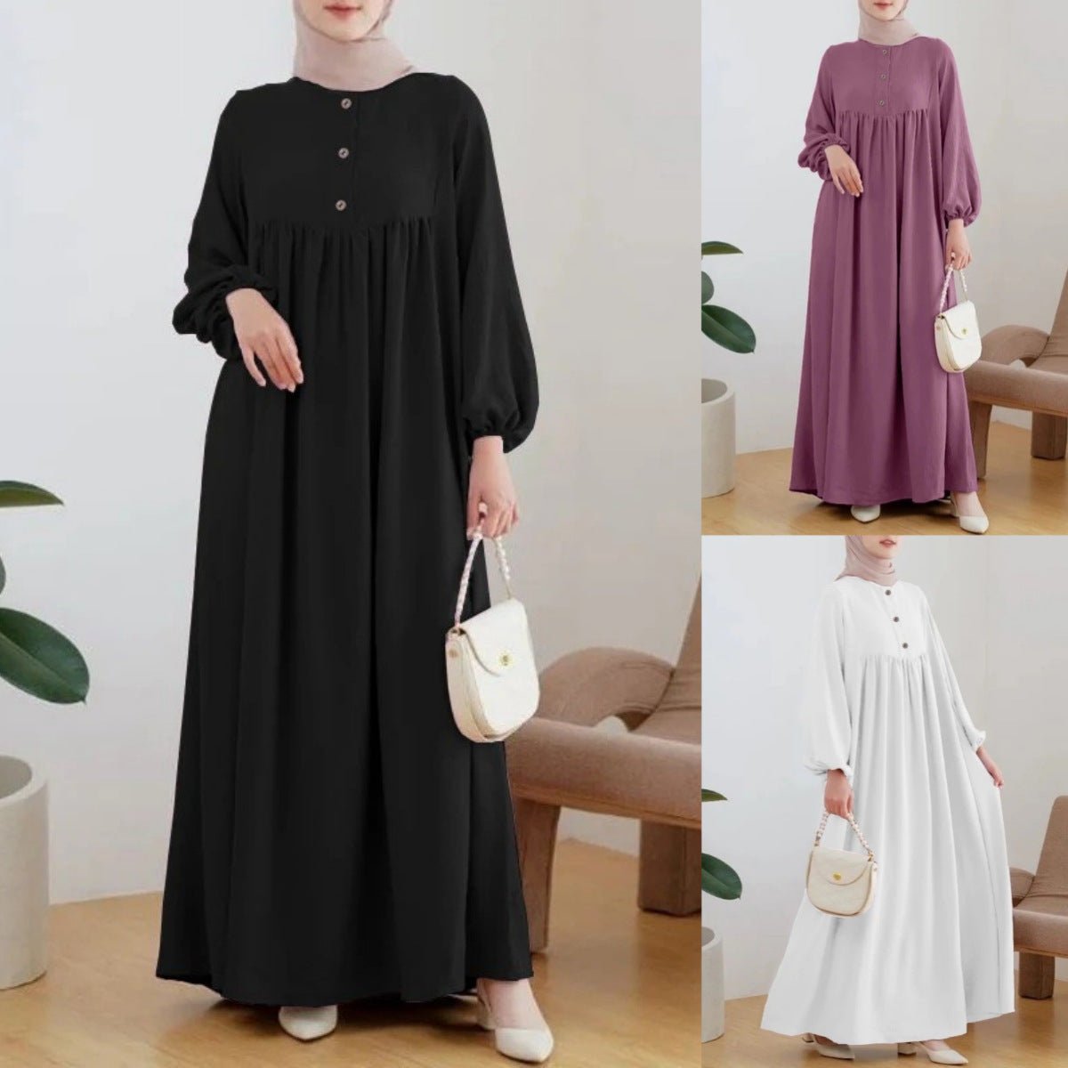 Solid Color Bubble Sleeve with Button Casual & Elegant Long Maxi Dress Abaya .(MA157) - Mariam's Collection