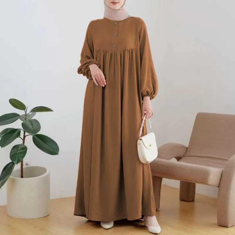 elegant casual maxi dresses Solid Color Bubble Sleeve with Button Casual & Elegant Long Maxi Dress Abaya (MA157) caramel Color / L