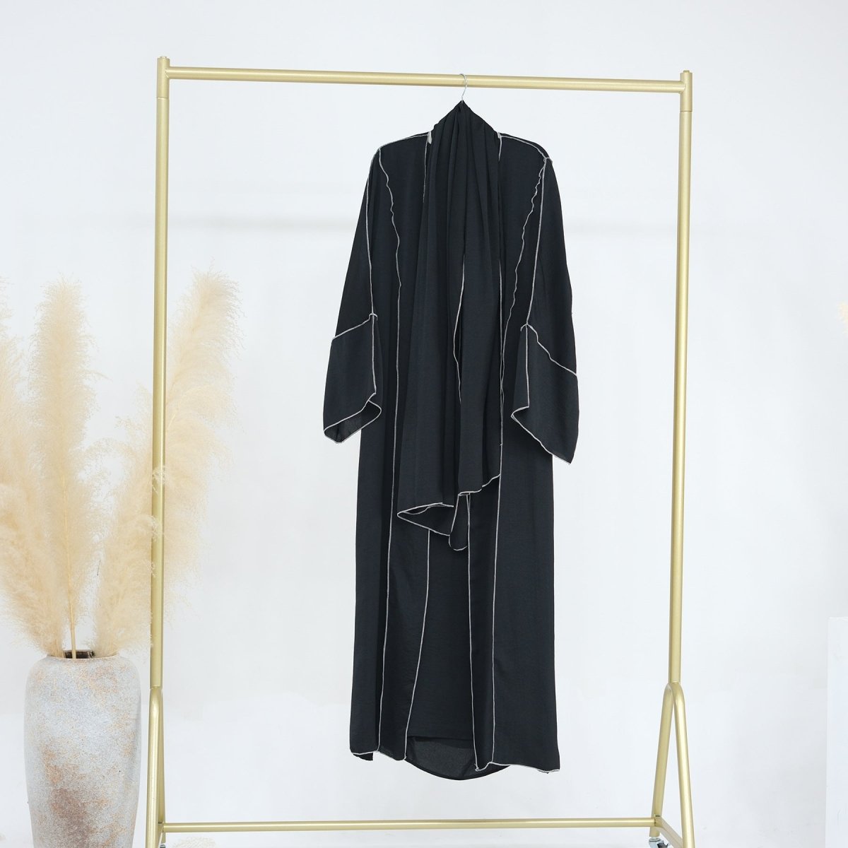 Solid Color Hooded Cardigan & Inner Dress Set - Modest Muslim Abaya Outfit with White Trim Detail(MOA209) - Mariam's Collection