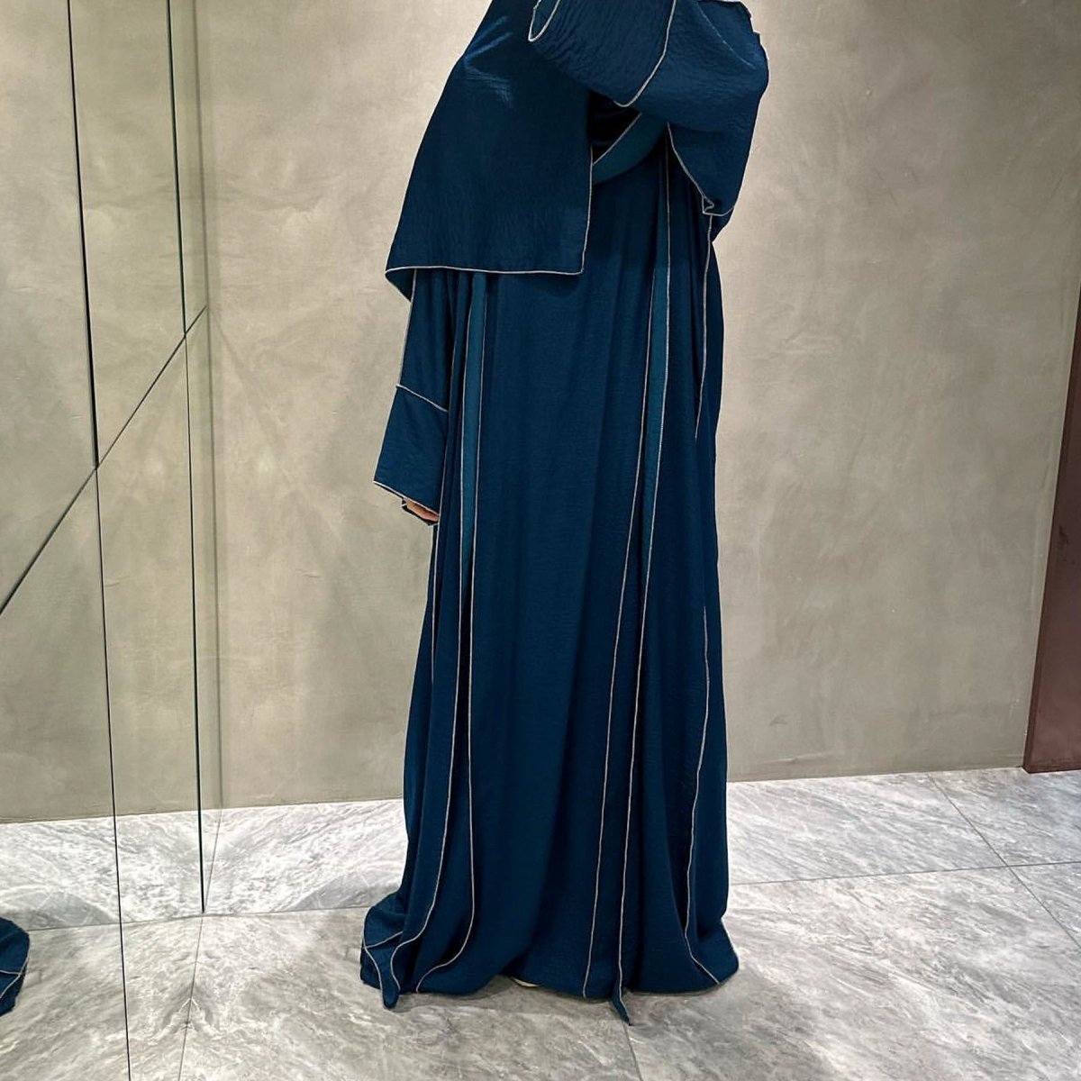 Solid Color Hooded Cardigan & Inner Dress Set - Modest Muslim Abaya Outfit with White Trim Detail(MOA209) - Mariam's Collection