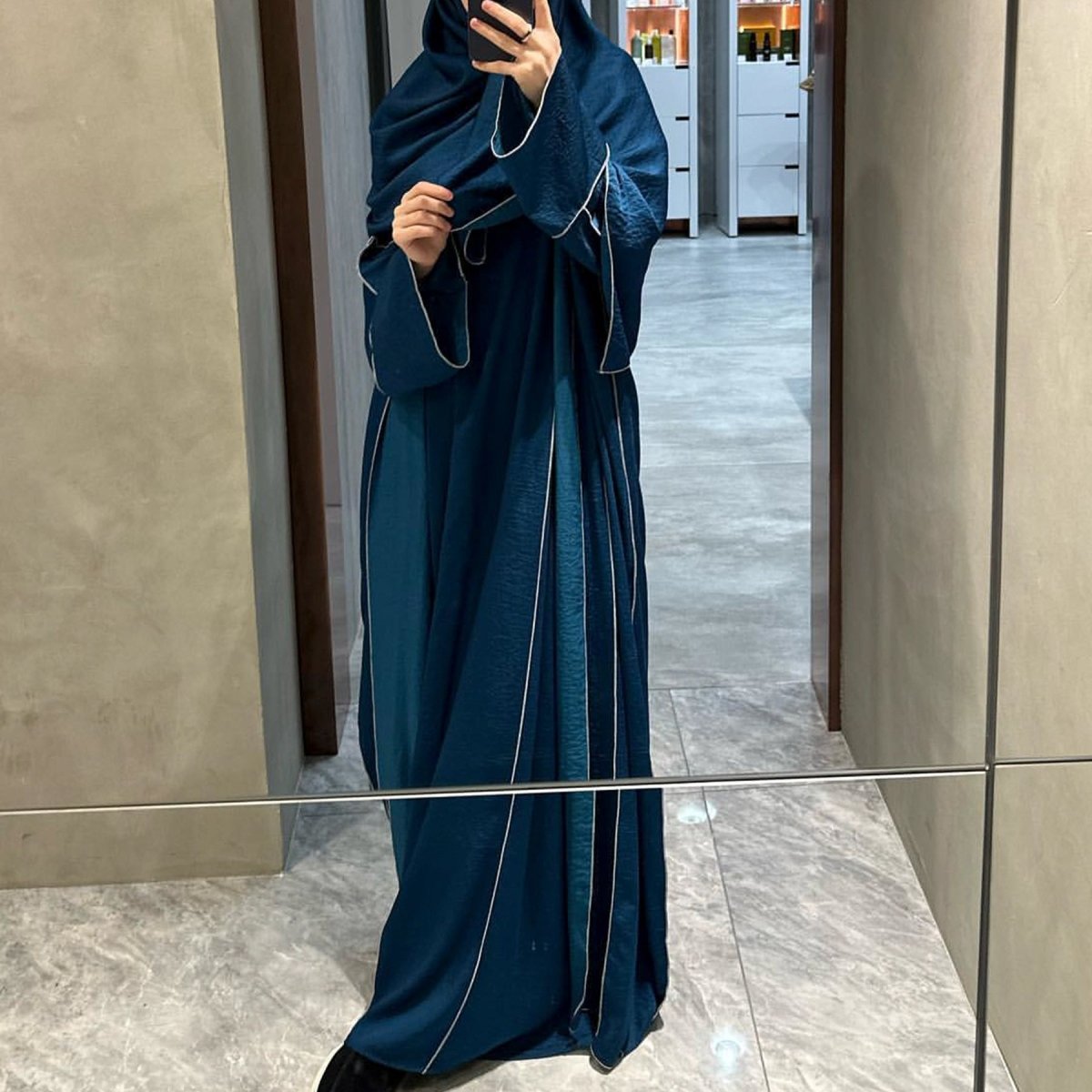 Solid Color Hooded Cardigan & Inner Dress Set - Modest Muslim Abaya Outfit with White Trim Detail(MOA209) - Mariam's Collection