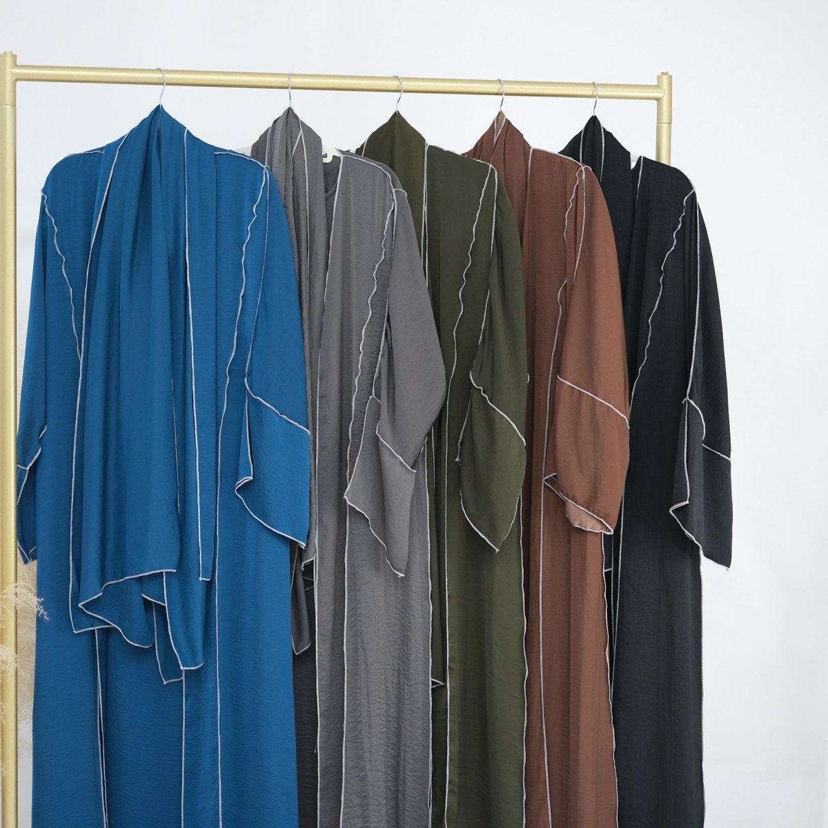 Solid Color Hooded Cardigan & Inner Dress Set - Modest Muslim Abaya Outfit with White Trim Detail(MOA209) - Mariam's Collection