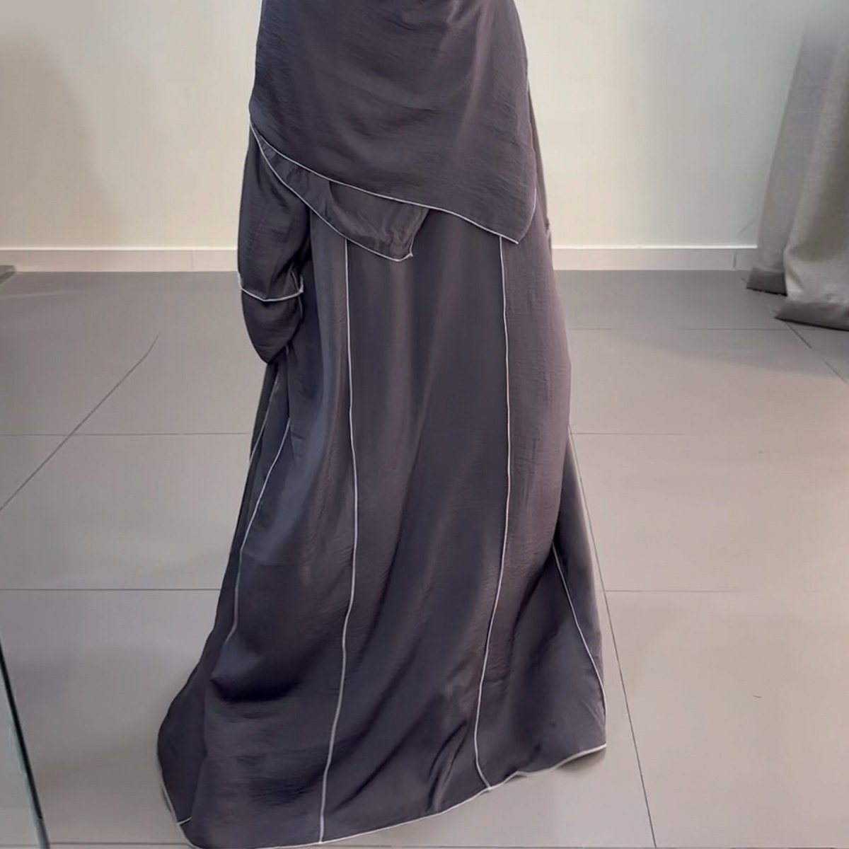 Solid Color Hooded Cardigan & Inner Dress Set - Modest Muslim Abaya Outfit with White Trim Detail(MOA209) - Mariam's Collection