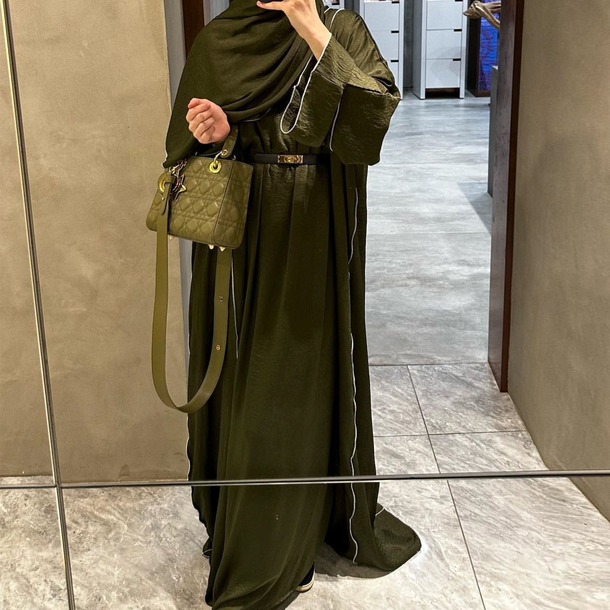 Solid Color Hooded Cardigan & Inner Dress Set - Modest Muslim Abaya Outfit with White Trim Detail(MOA209) - Mariam's Collection