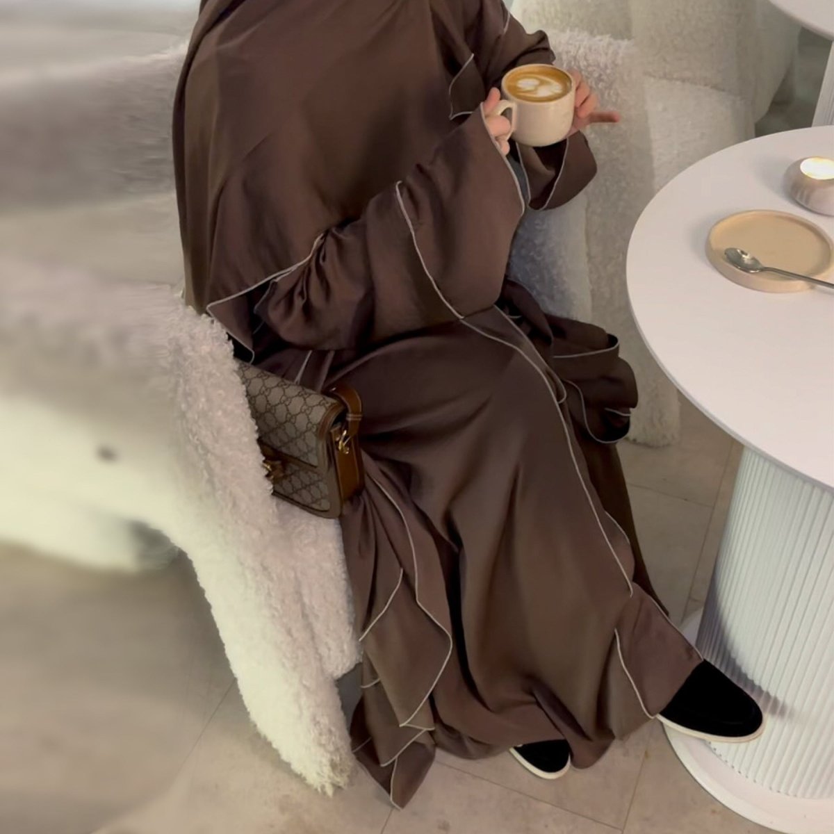 Solid Color Hooded Cardigan & Inner Dress Set - Modest Muslim Abaya Outfit with White Trim Detail(MOA209) - Mariam's Collection