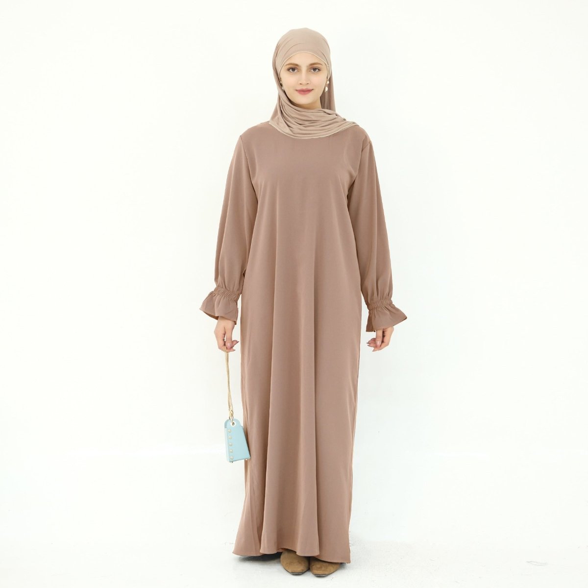 Solid Color Modest Robe Dress Two - Piece Set – Muslim Abaya with Puff Sleeves(MA275) - Mariam's Collection