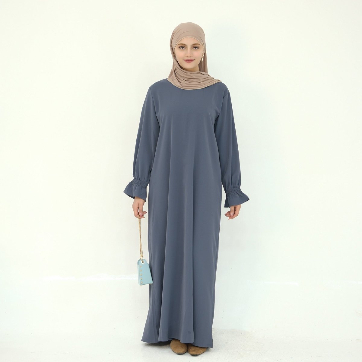 Solid Color Modest Robe Dress Two - Piece Set – Muslim Abaya with Puff Sleeves(MA275) - Mariam's Collection