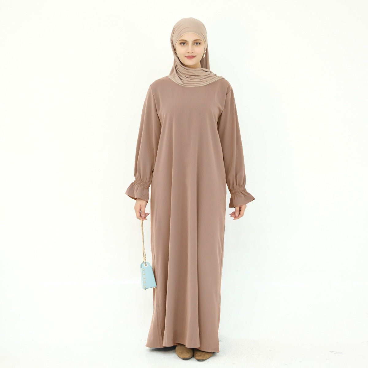 Solid Color Modest Robe Dress Two - Piece Set – Muslim Abaya with Puff Sleeves(MA275) - Mariam's Collection