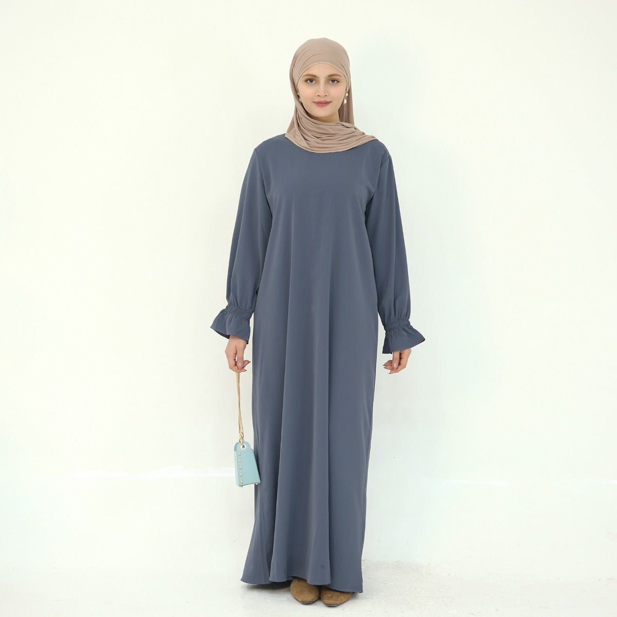 Solid Color Modest Robe Dress Two - Piece Set – Muslim Abaya with Puff Sleeves(MA275) - Mariam's Collection